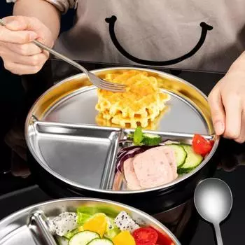 Пищевая круглая тарелка с утолщенными краями из нержавеющей стали, 3 сетки, отсек для еды, поднос для еды, кухонные принадлежности серебряный
