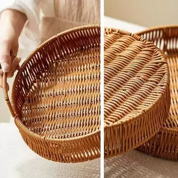 Пищевая тарелка ручной работы из пластика имитация ротанга поднос для хранения круглой формы корзина для хранения фруктов овощей торта с ручкой L