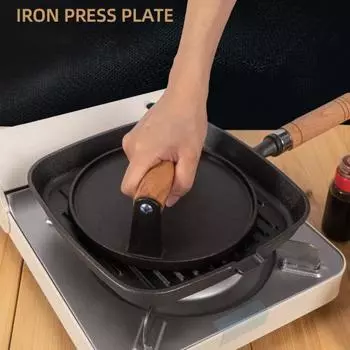 Пищевой чугунный пресс для гамбургеров с деревянной ручкой, равномерная теплопередача, здоровая кулинария, эргономичный пресс для мяса Round