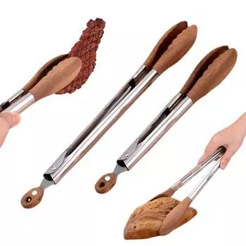Пищевые щипцы из нержавеющей стали, деревянные щипцы для приготовления пищи, противоскользящие эргономичные ручки, сервировочные щипцы для барбекю, фуршетов, вечеринок L