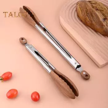 Пищевые щипцы из нержавеющей стали, деревянные щипцы для приготовления пищи, противоскользящие эргономичные ручки, сервировочные щипцы для барбекю, фуршетов, вечеринок S