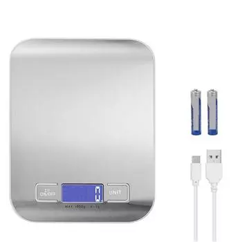 Пищевые весы 1–10 кг, цифровые кухонные весы из нержавеющей стали 304, вес в граммах и унциях для приготовления пищи, приготовления еды, упаковки, ручной работы, жидкостей Battery(5kg/1g) белый