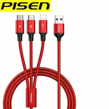 Pisen 3 в 1 Зарядный кабель Выдвижной USB-зарядка 2,4 А Быстрая зарядка для Apple XiaoMi HuaWei Samsung Портативный зарядный кабель Micro Type-C 1.2m красный