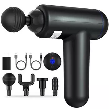 Пистолет для глубокого перкуссионного массажа мышц, USB-перезаряжаемый ручной электрический массажер с 6 скоростями, высокоинтенсивный вибрационный массажер с 4 головками для массажа чёрный