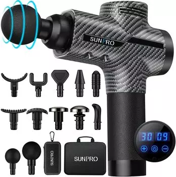 Пистолет для массажа мышц Массажер для тела Ударный массаж глубоких тканей Профессиональный мессенджер Ручная спортивная дрель с 30 скоростями 12 головок сообщений чёрный