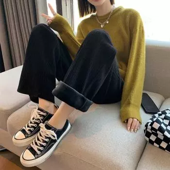 пит-стрип композитный обратный супер) вельветовые брюки широкие женские с высокой талией свободные утолщенные флисовые брюки осень-зима новые брюки для мытья полов M