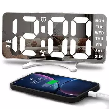 Питание от USB Зеркальный цифровой будильник с 2 неделями Громкие будильники Ночной режим Повтор Настольные часы 12/24-часовой USB-выход Порт светодиодные настенные часы белый