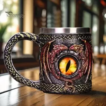 Пивная кружка Viking Dragon объемом 450 мл из нержавеющей стали и смолы, расписанная вручную средневековая кружка для пива, кофе, чая, подарок для мужчин, поклонников декора викингов разноцветный