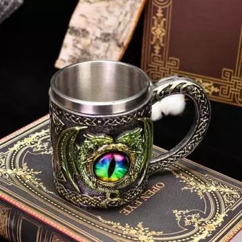 Пивная кружка Viking Dragon объемом 450 мл из нержавеющей стали и смолы, расписанная вручную средневековая кружка для пива, кофе, чая, подарок для мужчин, поклонников декора викингов разноцветный
