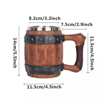 Пивной кувшин, стакан для воды, барная посуда, смола, мужской подарок, кофейная кружка, викинг, ретро, пивная кружка, 304, нержавеющая сталь, имитация дерева 600ml коричневый
