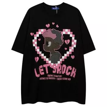 Пиксельный стиль Love Hip Hop Boy Футболка с круглым вырезом и принтом для мужчин и женщин Летняя модная тенденция Повседневная свободная уличная одежда Удобный топ с короткими рукавами для пар M чёрный