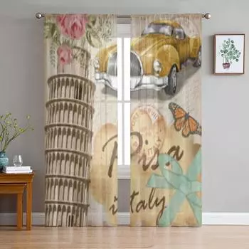 Пиза Винтаж Плакат Тюль Прозрачные оконные шторы для гостиной Спальня Современная шифоновая вуаль из органзы Декор Шторы 135W x 114H(cm)