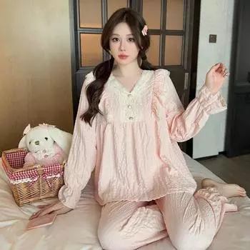 Пижама больших размеров для женщин, однотонный комплект одежды для сна с длинными рукавами и брюками, домашняя одежда с оборками, приятная для кожи, дышащая M зелёный