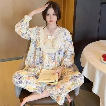 Пижама больших размеров для женщин, пижамный комплект с цветочным принтом, топ с длинными рукавами + брюки, домашняя одежда с оборками, не вызывает раздражения кожи M