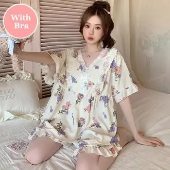 Пижама больших размеров для женщин, пижамный комплект с цветочным принтом, топ с короткими рукавами + шорты, домашняя одежда с оборками, не вызывает раздражения кожи M