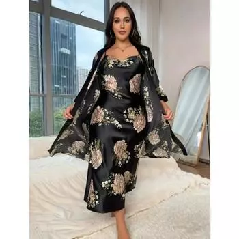 Пижама больших размеров, женская длинная, искусственный шелк, сексуальный пижамный комплект, повседневная, свободная, с принтом, комплект из 2 предметов 2XL чёрный