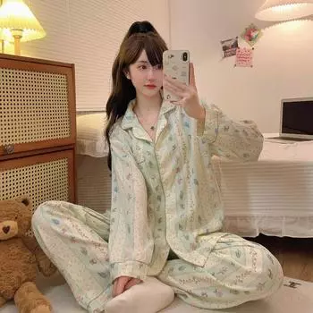 Пижама больших размеров, женская пижама с принтом вишни, комплект с длинными рукавами и брюками, домашняя одежда с оборками XXL