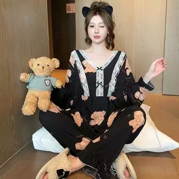 Пижама больших размеров женская с принтом вишни комплект одежды для сна с длинным рукавом и брюками с оборками домашняя одежда приятная для кожи дышащая XXXL