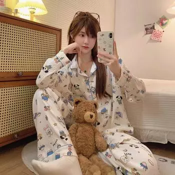 Пижама больших размеров женская с принтом вишни комплект одежды для сна с длинным рукавом и брюками с оборками домашняя одежда приятная для кожи дышащая XXL