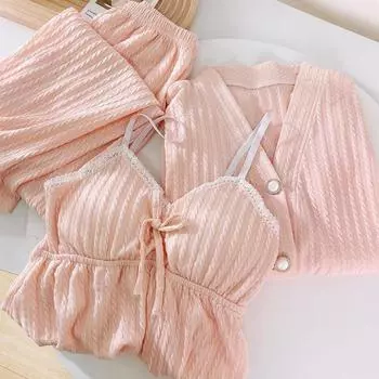 Пижама больших размеров, женский комплект из трех предметов, весна-осень, хлопок, с длинными рукавами, подушками для груди, летняя домашняя одежда M зелёный