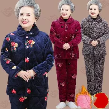Пижама для бабушки, три слоя, утепленная домашняя одежда для мам, пожилые женщины, коралловый бархат, пижамные комплекты, зимний костюм, теплые штаны, два предмета XXL