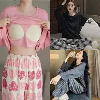 Пижама для беременных, комплект из 2 предметов с нагрудными накладками, весна-осень, с длинными рукавами, свободная одежда для отдыха на открытом воздухе, женская домашняя одежда, одежда для кормления грудью L фиолетовый