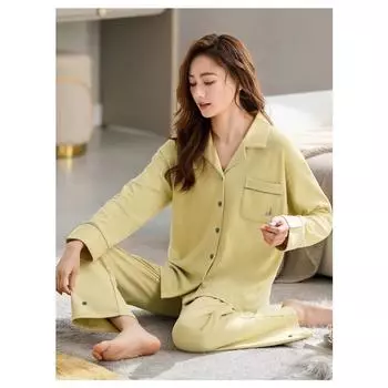 Пижама для девочек из 100% чистого хлопка, женская одежда для сна на весну и осень, однотонный комплект с длинными рукавами для дома, большой размер, комплект домашней одежды M синий