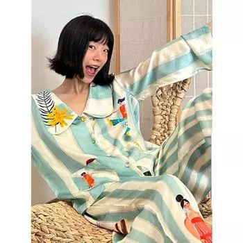 Пижама для девочек с принтом и длинными рукавами, кардиган с лацканами, женская весна и осень, новая домашняя одежда больших размеров, комплект из двух предметов S синий