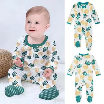 Пижама для младенцев, мальчиков и девочек с принтом ананаса, комбинезон на молнии с ножками 70 зелёный