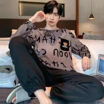 Пижама для мужчин больших размеров, осенне-зимняя, с длинными рукавами, свободная, с рисунком медведя в полоску, 2 шт./комплект, черная, с круглым вырезом, мягкая, повседневная, домашняя одежда L