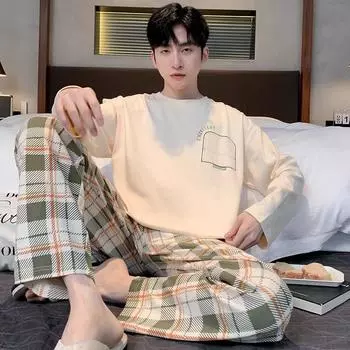 Пижама для мужчин весна-осень клетчатая однотонная большого размера молодежная домашняя одежда комплект пижамы с длинным рукавом домашняя одежда L