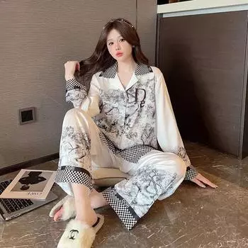 Пижама для рисования Женская весна осень Новые брюки с длинным рукавом Интернет Популярный ветер осень Домашняя одежда Костюм M