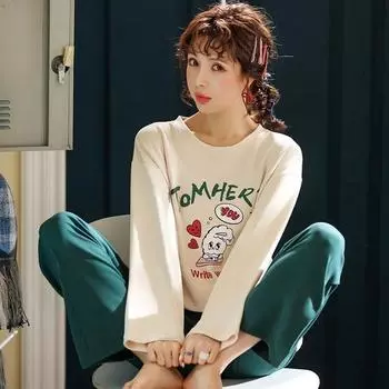 Пижама для женщин, большой размер, тонкий, с рисунком, для подростков, с круглым вырезом, с длинными рукавами, брюки, комплект домашней одежды для студентов, пижама для женщин M