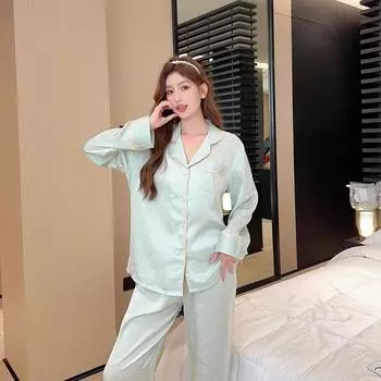 Пижама для женщин Ice Silk с длинным рукавом, весенне-осенняя, тонкая, повседневная, свободная, свежая, летняя, домашняя одежда, комплект M зелёный