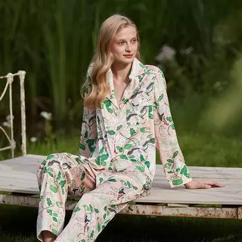 Пижама для женщин, летний костюм из ледяного шелка с длинными рукавами, женская домашняя одежда из тонкого шелка S