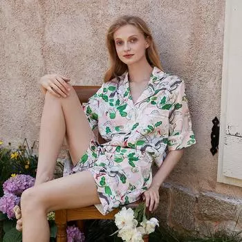 Пижама для женщин Летний костюм из тонкого шелка с короткими рукавами Женская летняя домашняя одежда из тонкого шелка S
