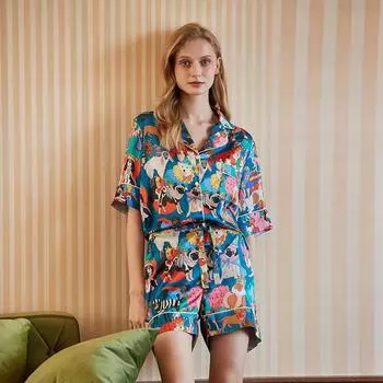 Пижама для женщин, летняя, из ледяного шелка, с коротким рукавом и лацканами, женский комплект домашней одежды S