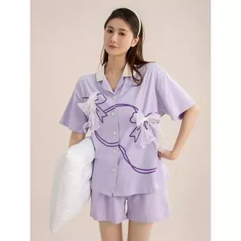 Пижама для женщин, летняя кружевная с бантом, свободная, удобная и повседневная, можно использовать как домашнюю одежду с V-образным вырезом M зелёный