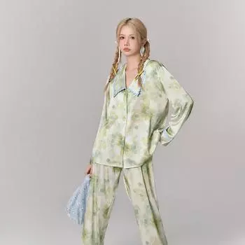 Пижама для женщин осень новый атласный длинный рукав домашняя одежда костюм женский весна и осень свободный M