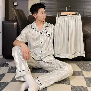 Пижама для женщин Осенняя шелковая пижама с короткими рукавами Повседневная мужская пижама и комплект пижамных брюк M