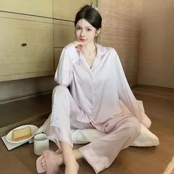 Пижама для женщин весна и осень Ice Silk с длинными рукавами, жаккард клубничного цвета, милая, простая, повседневная, милая и милая домашняя одежда M