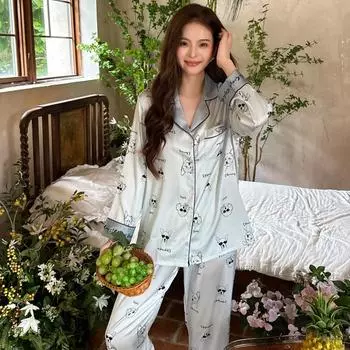 Пижама для женщин, всесезонная, с длинными рукавами, из двух частей, с рисунком собаки из мультфильма, милая и симпатичная пижама M