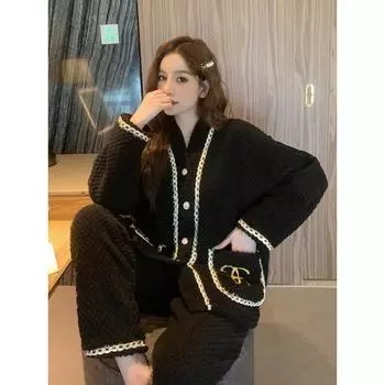 Пижама для женщин, зимний новый стиль, утолщенный теплый кардиган, домашний костюм, повседневная одежда для сна M