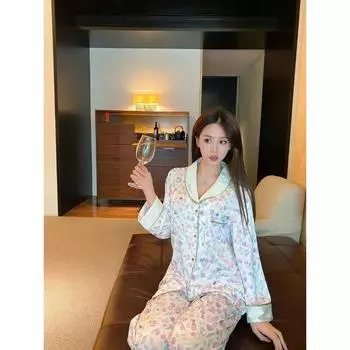 Пижама Фиолетовый Цветок Женский Длинный Рукав Летний Шелковый Весна и Осень Брюки Комплект Шелковая Домашняя Одежда M