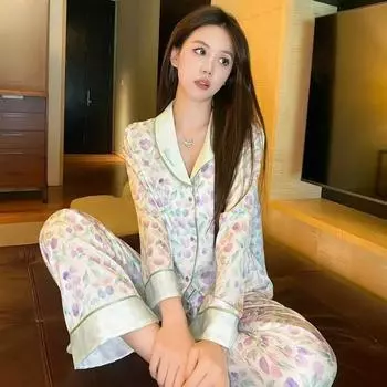 Пижама Фиолетовый Цветок Женский Длинный Рукав Летний Шелковый Весна и Осень Брюки Комплект Шелковая Домашняя Одежда M