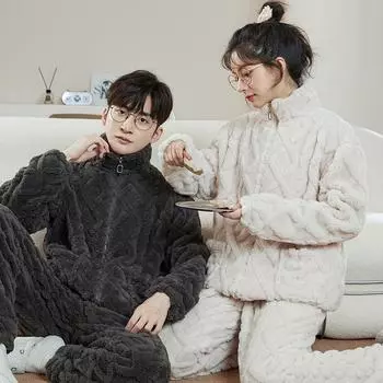 Пижама фланелевая унисекс: Плотный флисовый костюм кораллового цвета с воротником-стойкой и застежкой-молнией для пар, идеально подходит для осени и зимы. Women XL