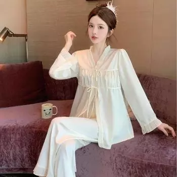 Пижама Ice Silk весна и осень женский костюм с длинным рукавом из французского шелка тонкая домашняя одежда M чёрный