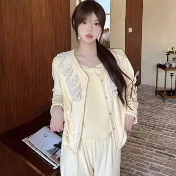 Пижама Island Velvet, женская, осень-зима, новый милый костюм с длинными рукавами, двухсторонняя бархатная подкладка, домашняя одежда, комплект из трех предметов M жёлтый