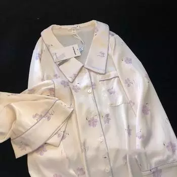 Пижама из 2 предметов для женщин, осенне-весенний женский пижамный комплект, элегантная домашняя одежда с цветочным принтом, мягкая одежда для сна M