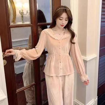 Пижама из 2 предметов с кружевной отделкой и длинными рукавами, осенне-зимние брюки, костюмы, пижамы, бархатная теплая ночная рубашка, нижнее белье, пижамы M